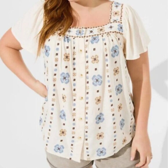 Torrid Linen Blend Embroidered Floral Flutter Sleeve Top - Picture 1 of 11